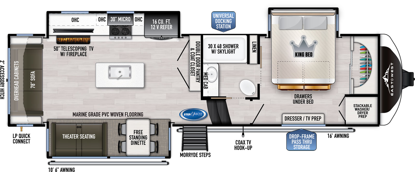 The 325 RL has 3 slide outs, two on the off door side and one on the door side along with one entry door. Interior layout from front to back: front bedroom with front closet and off door side slide-out with king bed and underbed storage; side aisle bathroom with solid pocket doors, shower, medicine cabinet above the sink and a porcelain toilet; kitchen living dining area features a double door pantry and coat closet; kitchen island with deep seated sink; off door side slide-out containing refrigerator, oven, microwave and entertainment center; door side slide-out containing dinette and theater seating; and a 78" wide rear sofa with 72" wide rear window and overhead cabinets above.