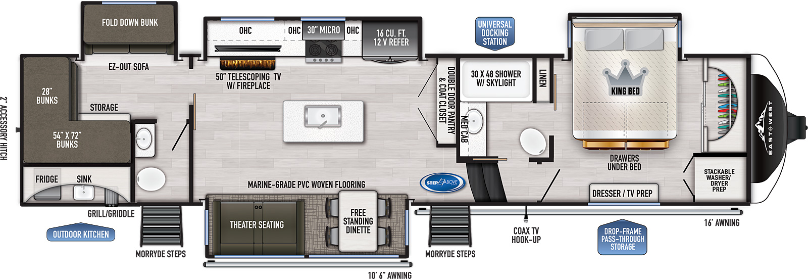 The 378 BH-OK has 4 slide outs, three on the off door side and one on the door side along with one entry door. Interior layout from front to back: front bedroom with front closet and off door side slide-out with king bed and underbed storage; side aisle bathroom with solid pocket doors, shower, medicine cabinet above the sink and a porcelain toilet; kitchen living dining area features a double door pantry and coat closet; kitchen island with deep seated sink; off door side slide-out containing refrigerator, oven, microwave and entertainment center; door side slide-out containing dinette and theater seating across from angled entertainment center; rear bunk room with half bathroom, two bunks on the rear wall and a off door slide-out containing a 60" sofa and 60" wide bunk.