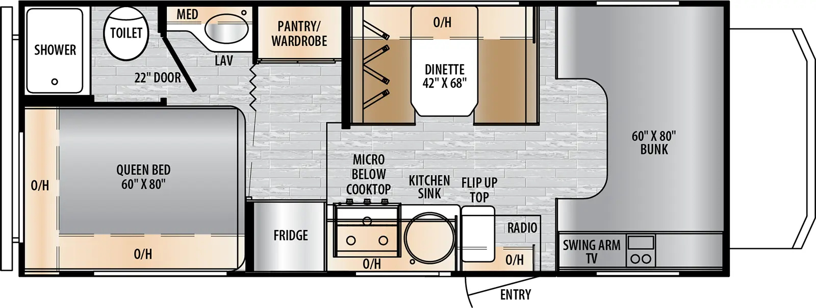 The Entrada 2000NS floorplan has one entry and zero slide outs. Exterior features include: 15' 6" awning and outside kitchen. Interiors features include: bunk over cab and dinette.